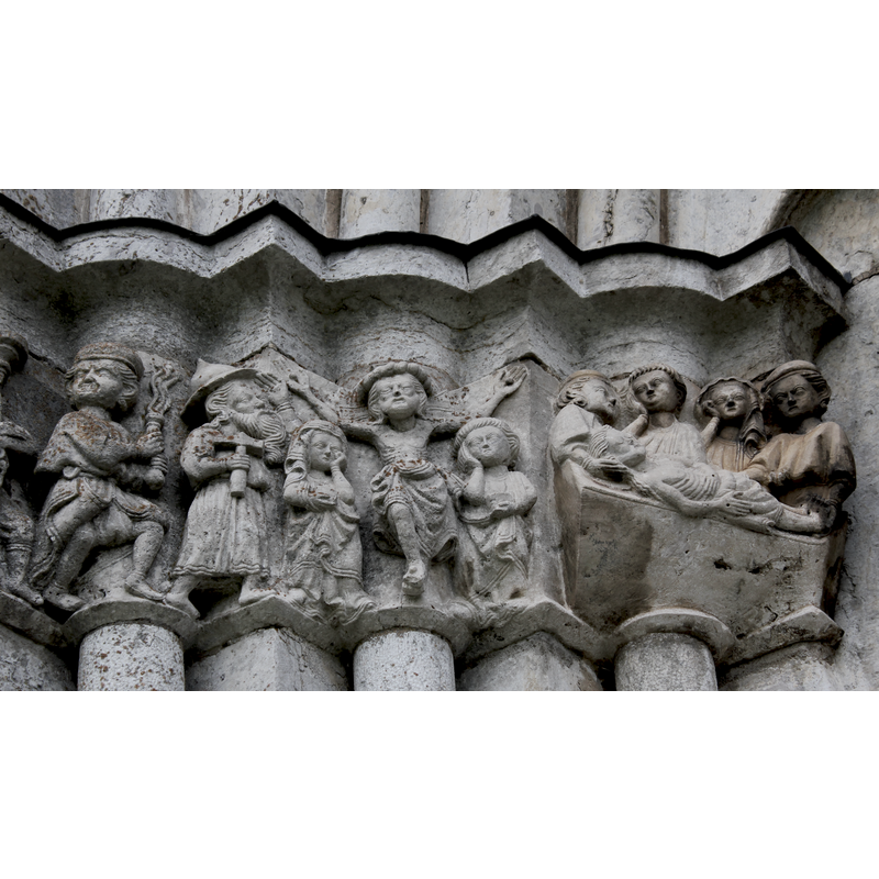 the figure at the extreme left holding the scourge belongs to the previous scene, the Flagellation - in the centre of the image, the Crucifixion - on the right, Three Maries at the Tomb