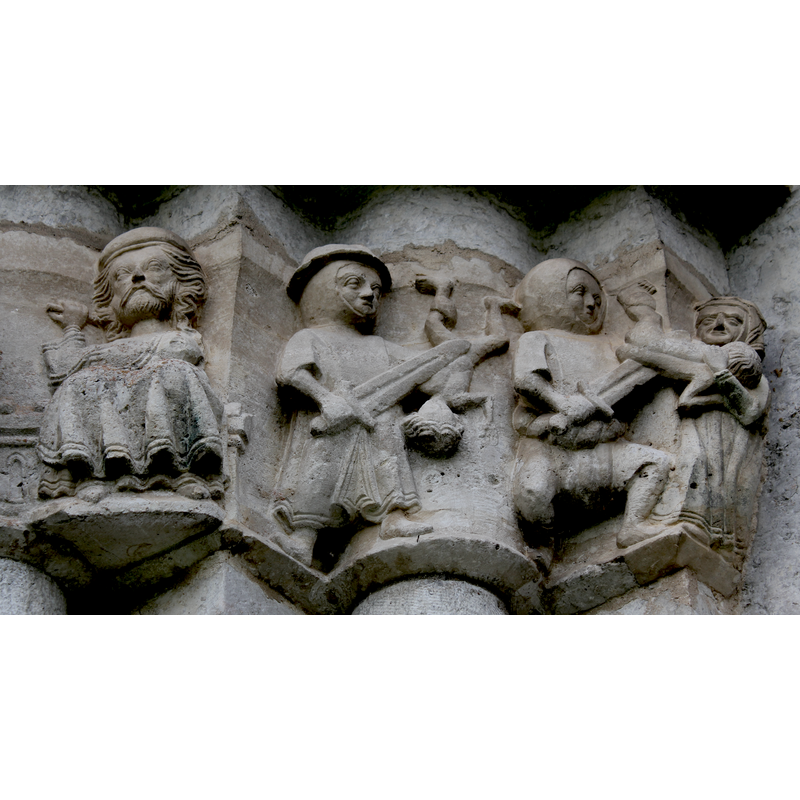 Five figures comprise the scene of the Massacre of the Innocents: two soldiers slaughtering the infants, and the grieving woman whose child is taken away and murdered. There is no Herod in this scene. The seated figure, though regal-looking here, is Joseph. Joseph is part of the previous scene and shares the bench/throne with Mary and the Child in the Adoration of the Magi.