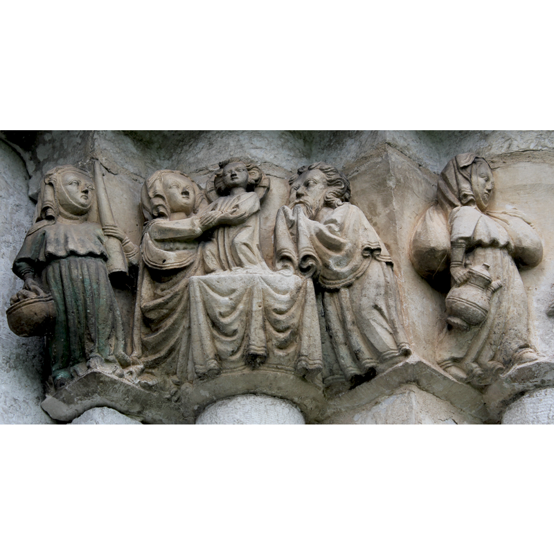 Presentation at the Temple; the woman in attendance on the left carries a large candle and a basket with pigeons or doves; only Christ Child is haloed - the woman on the right belongs to the following scene