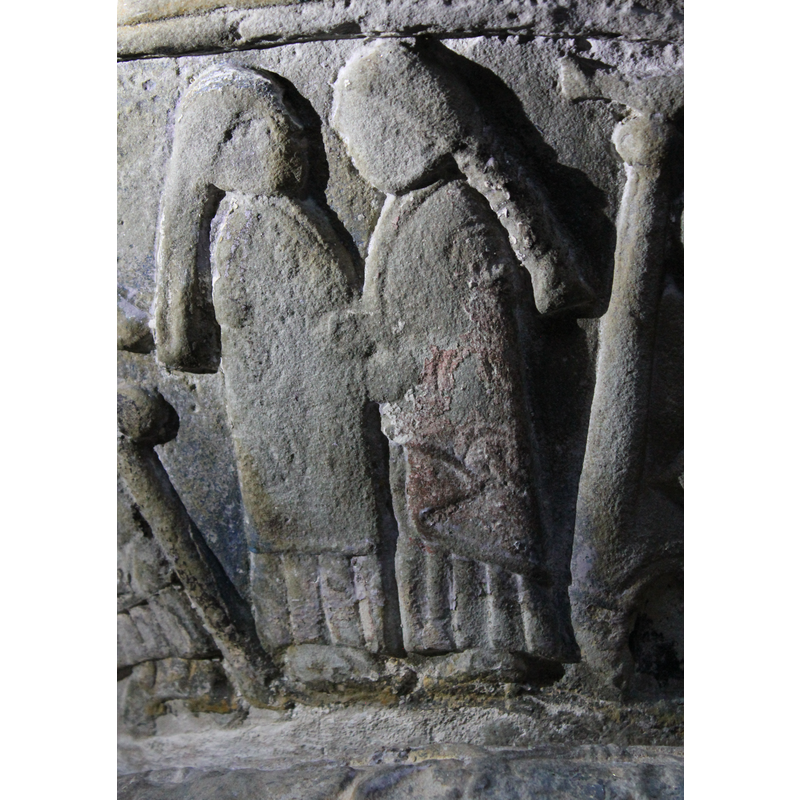 First scene on the UNDERSIDE OF THE BOWL is the Visitation. This appears directly beneath the Adoration of the Magi. Two women, in profile, long braids, wearing long gowns and mantels embrace.