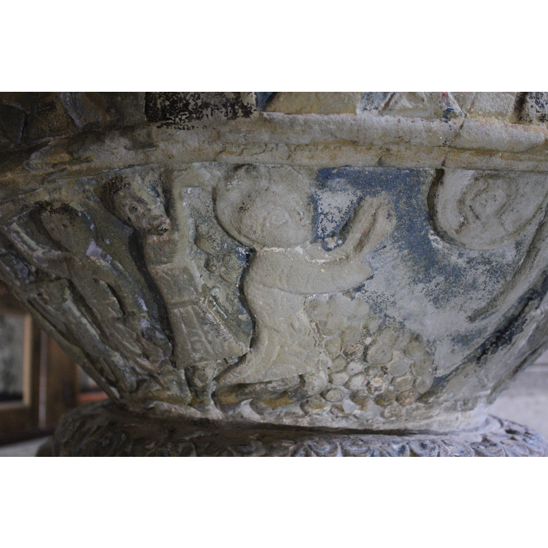 ***TO BE CHECKED AGAINST SUBJECT AND IMAGE]***
UNDERSIDE OF BOWL.  Getsemane prayer. Christ is kneelling in prayer, facing to the right, in profile, hands in prayer gesture. Christ is kneeling before a background of stones or water? To the right and up a medallion containing a head, full frontal, long hair with shoulders (God?). Behind Christ a figure, stands in profile, hands also raised up. The figure wears a short skirt above the knee. The figure has a beard.