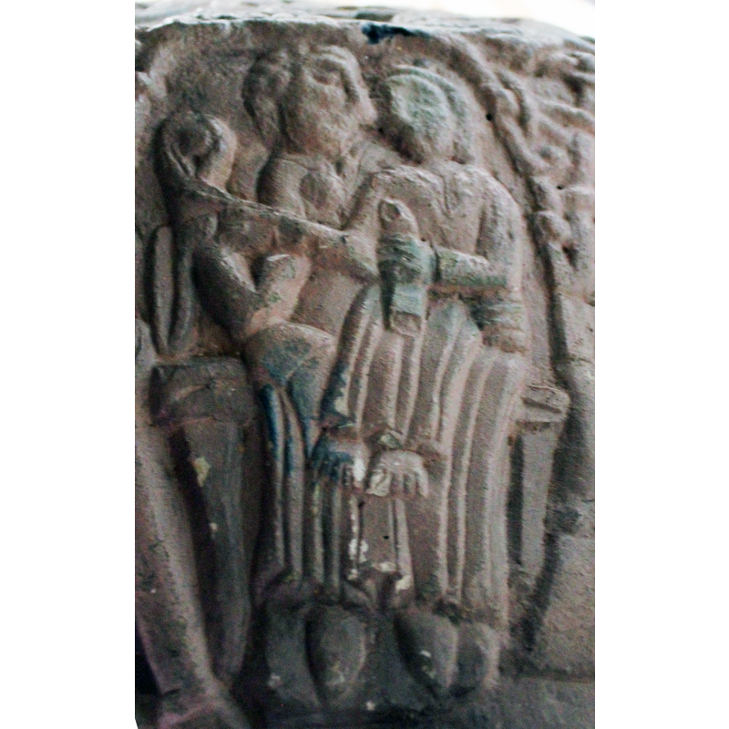 These sequence of scenes appear beneath the sides of the bowl. Directly beneath the Annunciation, under scene 1, there is the Madonna and Child. Full frontal, the madonna is turned towards the child, her right arm is bent at elbow and holds a spherical object. The left hand hold the child. The child is full frontal, his is haloed. She is not haloed. He carries in his left hand an object, a scroll. In the right hand, it is extended and points to Mary's sphere.