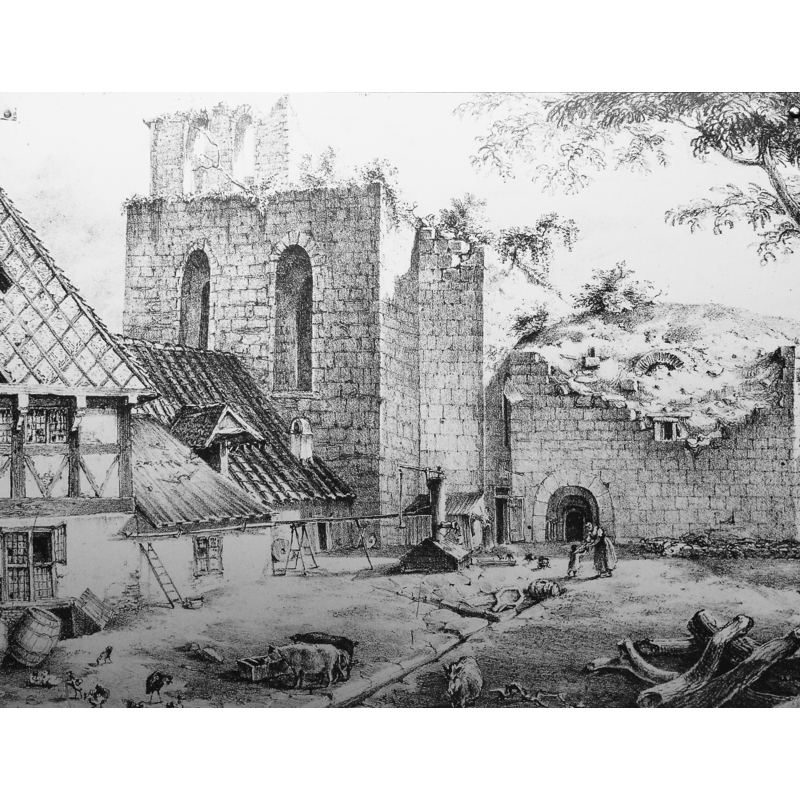 print of unknown origin posted by the ruins of St;Lars