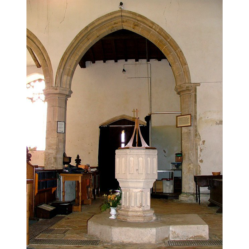 north side of the modern font and cover; behind, the curtained south doorway