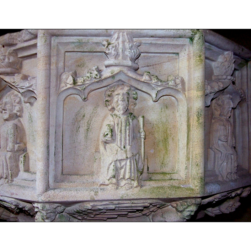 on the southeast side of the basin -- identification is tentative: the object in his left hand could be a sword (St. Paul) or a a scimitar/halbert (St. Matthias)