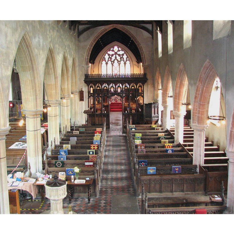 the modern font and cover visible in the foreground (west end), by the north arcade