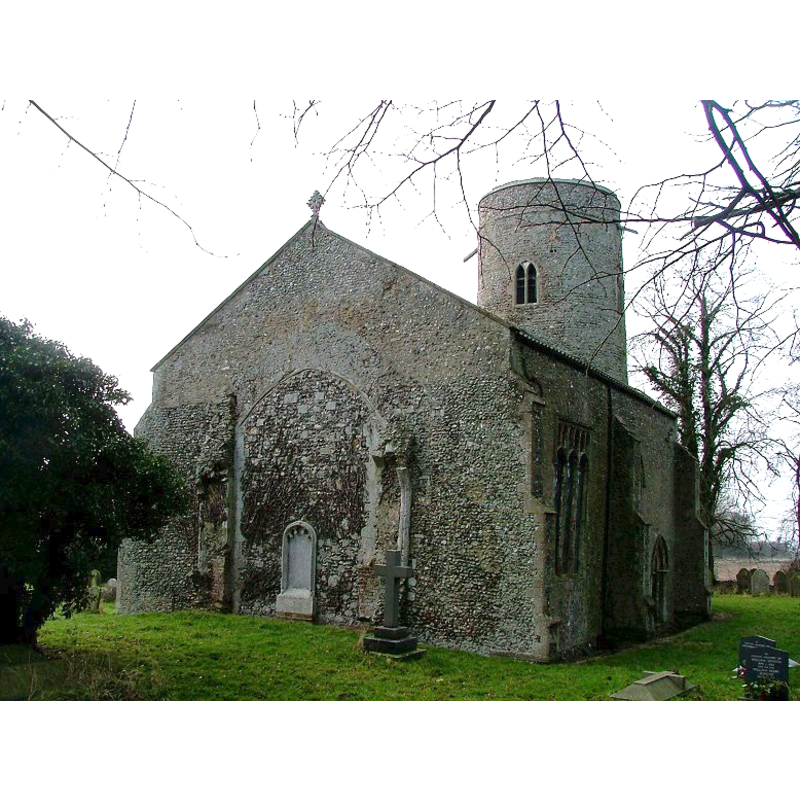 the east wall shows traces of the removed chancel, already reported in ruins in Blomefield's time, ca. 1800 [cf. FontNotes]