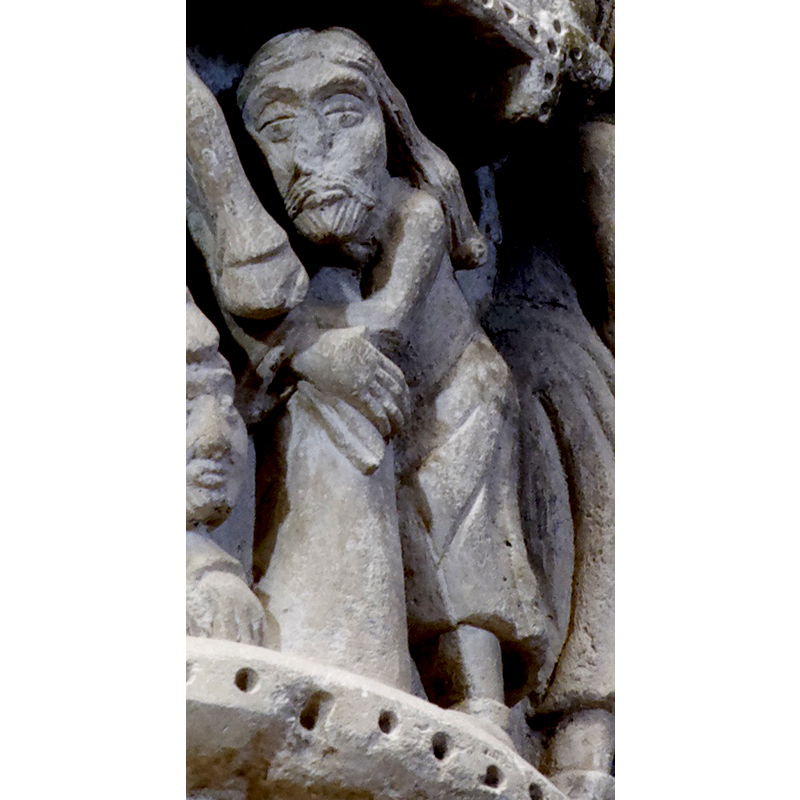 capital on the north side of the chancel arch: on the left side of the capital is a mounted male holding an object and/with a flowing cloth in the right hand; the left hand hold the bridle and a ring, or the ring is secured to the saddle; the horse tramples over a fallen bearded man who appears unarmed; the front side of the capital has a balcony with two males in it looking out; below the balcony a male figure leans on a short pillar (to which he may be tied?); the right side of the capital has a bearded man loading a stone into his sling, by the side of a mounted knight armed with a lance and a shield, and wearing a helmet; behind him is an unidentified beast