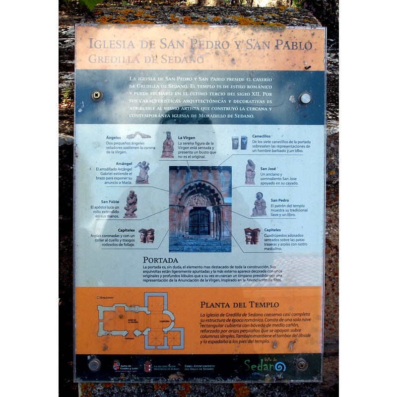 posted outside the church; shows the plan of the interior, and gives a breakdown of the details in the tympanum of the south portal