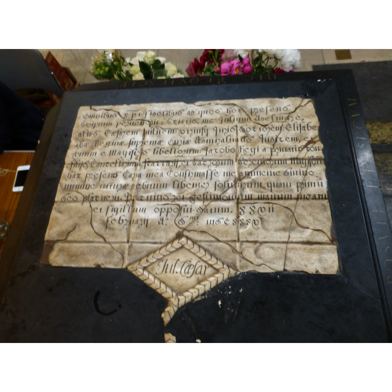 the tomb of Sir Julius Caesar; much damaged in the 1992/1993 IRA bombings; reconstructed