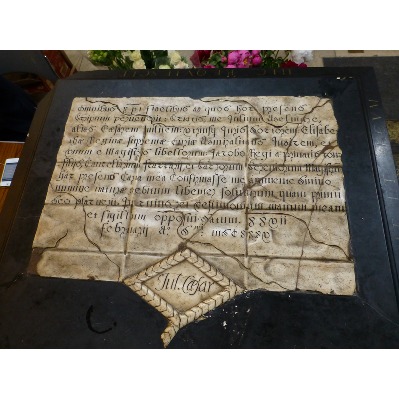 the tomb of Sir Julius Caesar; much damaged in the 1992/1993 IRA bombings; reconstructed