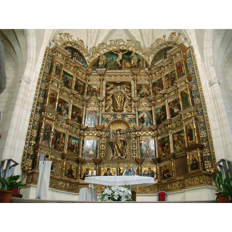 "Estilo gótico, segunda mitad del siglo XV. Retablo de San Pelayo. Pinturas sobre tabla de Juan de Soreda. Ensamblador, Pedro de Guadalupe, Calvario de Alonso Berruguete" [caption of the image; by Nicolás Pérez]