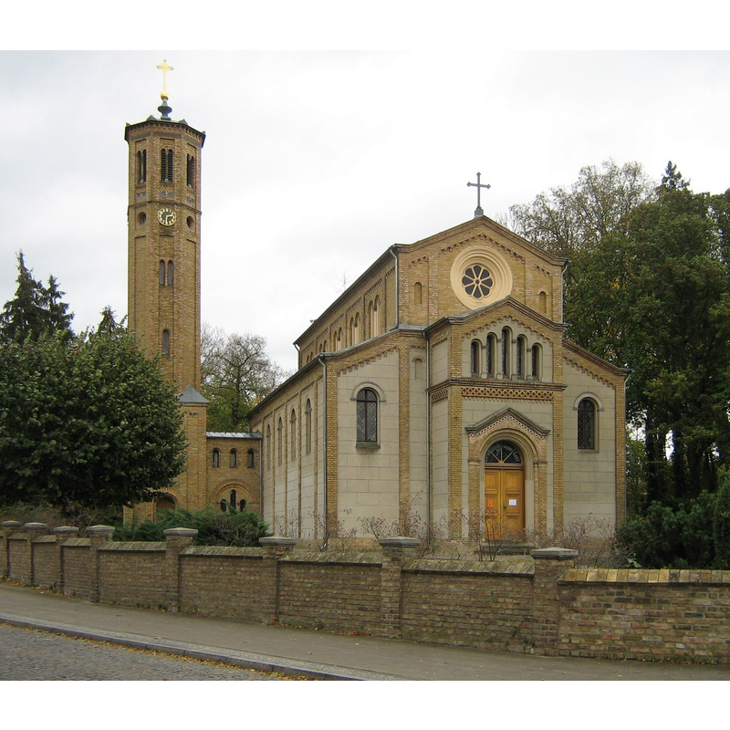 notice the detached tower linked to the main body of the church