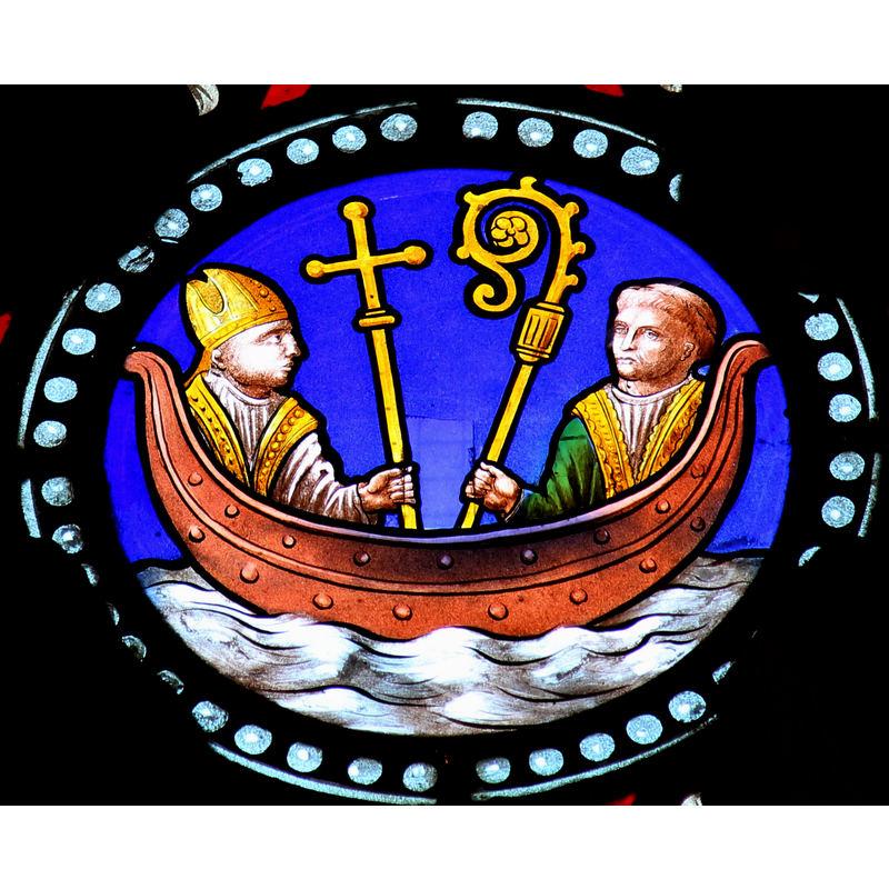 19th-century glass work: the seal of the Abbey of Beauport -- the Bishop of Saint-Brieuc holds that abbatial cross, and the Abbot of Beauport holds the episcopal staff