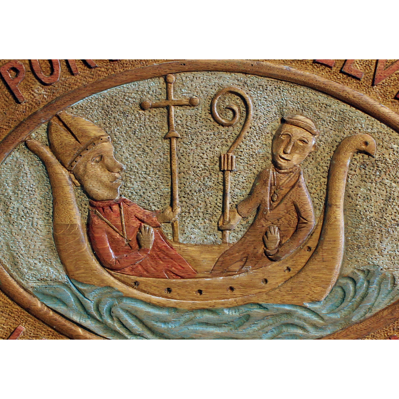 detail of a a modern rendering of the seal of the Abbey of Beauport; on the front of the modern altar