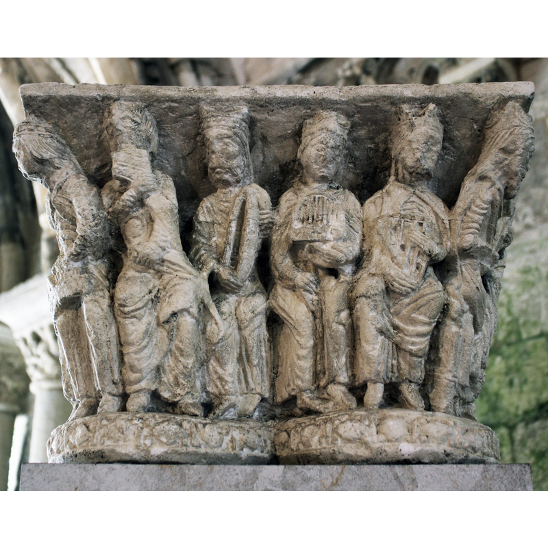 musicians`capital formerly from the abbey cloister [the original is in a museum in Rouen -- this faithful copy is located in the chapter room of the old abbey]