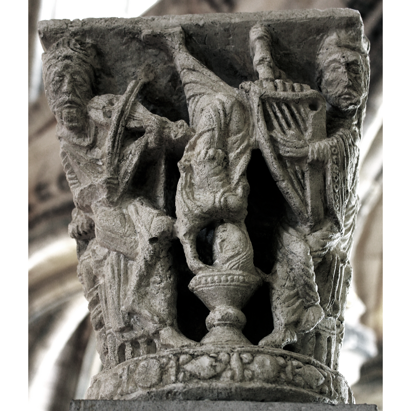 musicians`capital formerly from the abbey cloister [the original is in a museum in Rouen -- this faithful copy is located in the chapter room of the old abbey]