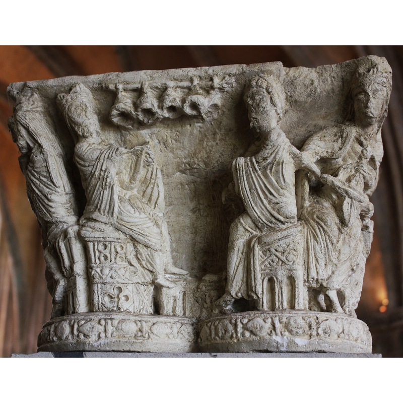 musicians`capital formerly from the abbey cloister [the original is in a museum in Rouen -- this faithful copy is located in the chapter room of the old abbey]
