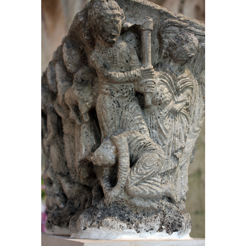 late-12th century capital from the original cloister here -- scenes from the life of Adam and Eve after the Fall