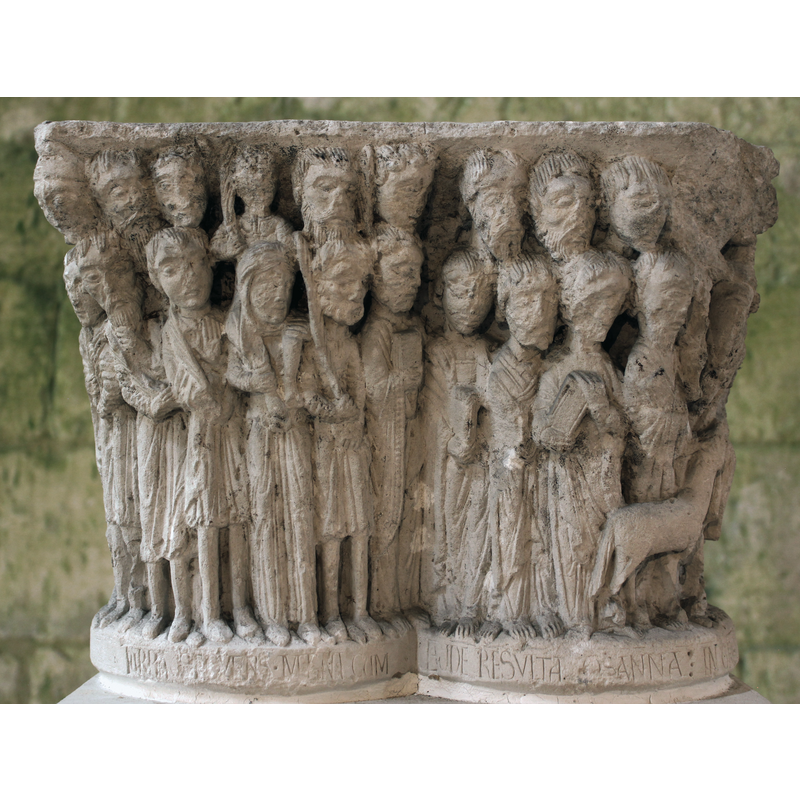 late-12th century capital from the original cloister here -- scenes from Christ's triumphal entry into Jersusalem, accompanied by St. Peter and the four Evangelists
