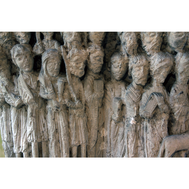 late-12th century capital from the original cloister here -- scenes from Christ's triumphal entry into Jersusalem, accompanied by St. Peter and the four Evangelists