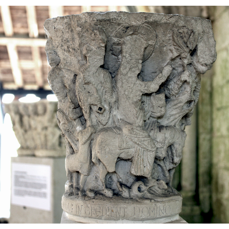 late-12th century capital from the original cloister here -- scenes from Christ's triumphal entry into Jersusalem, accompanied by St. Peter and the four Evangelists