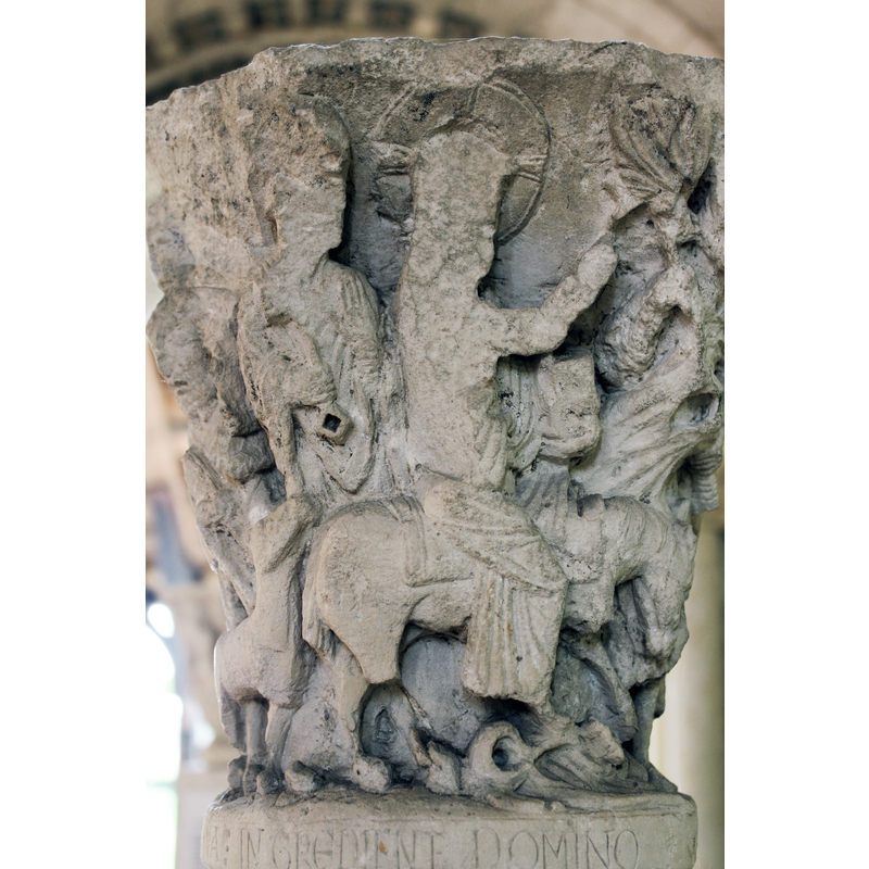 late-12th century capital from the original cloister here -- scenes from Christ's triumphal entry into Jersusalem, accompanied by St. Peter and the four Evangelists