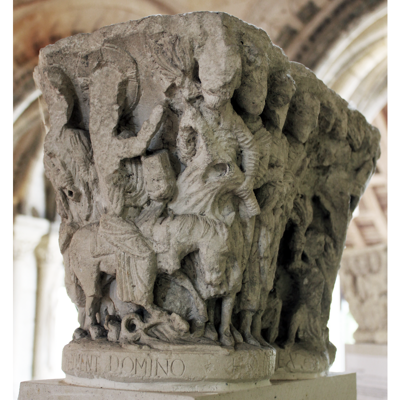 late-12th century capital from the original cloister here -- scenes from Christ's triumphal entry into Jersusalem, accompanied by St. Peter and the four Evangelists