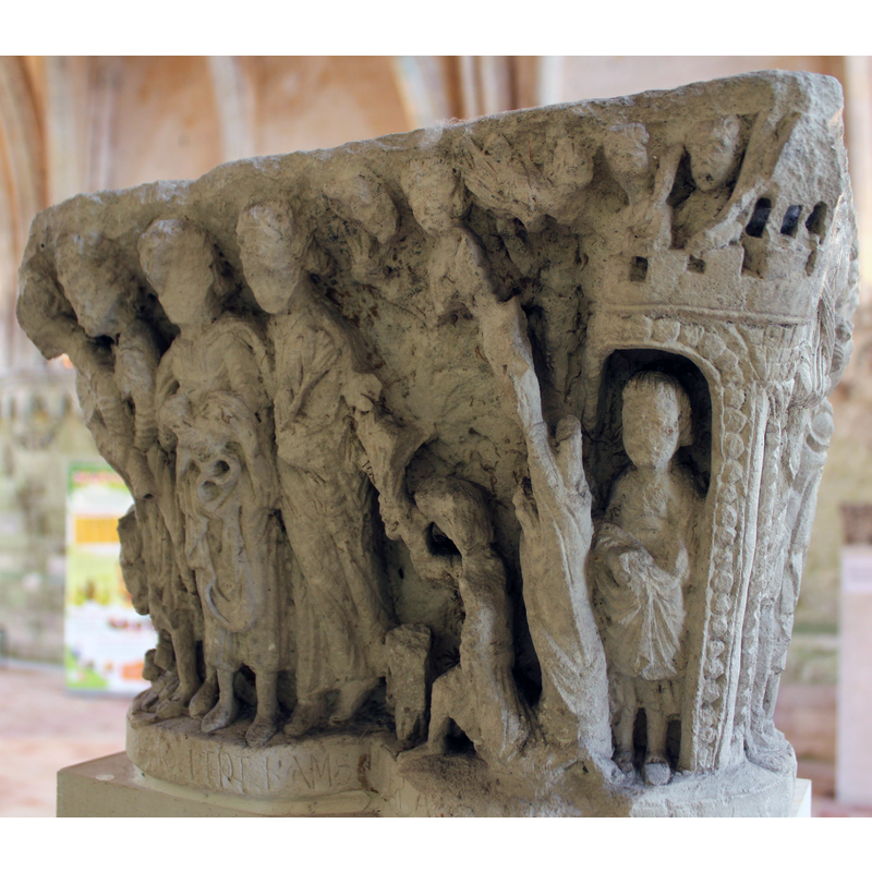 late-12th century capital from the original cloister here -- scenes from Christ's triumphal entry into Jersusalem, accompanied by St. Peter and the four Evangelists