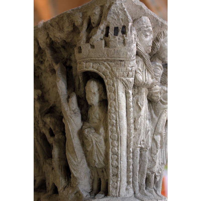 late-12th century capital from the original cloister here -- scenes from Christ's triumphal entry into Jersusalem, accompanied by St. Peter and the four Evangelists