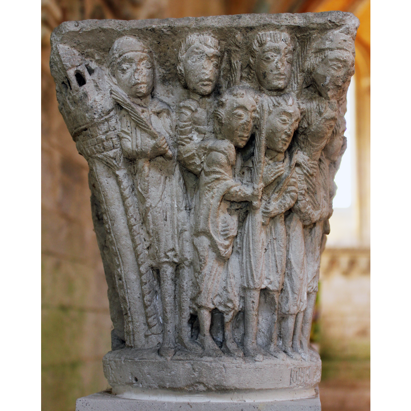 late-12th century capital from the original cloister here -- scenes from Christ's triumphal entry into Jersusalem, accompanied by St. Peter and the four Evangelists
