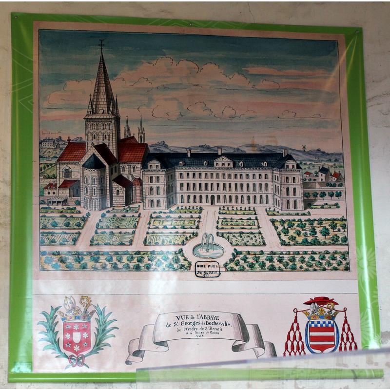 large reproduction of a painting of the abbey from 1723, inside the Chapelle des Chambellans