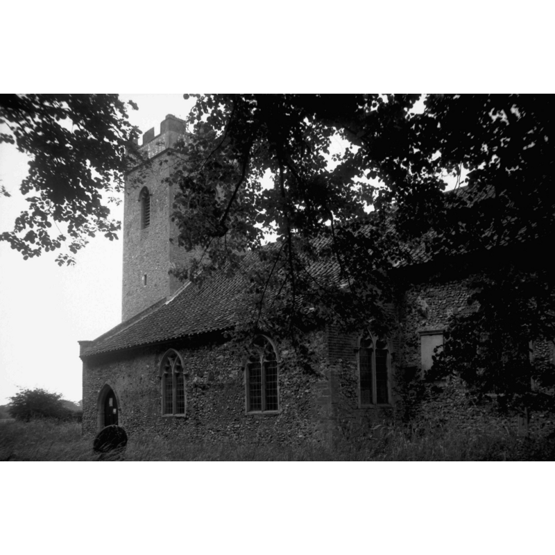 photo caption: "The unbuttressed west tower apparently 13c, with nave, chancel and south aisle probably about the same date"