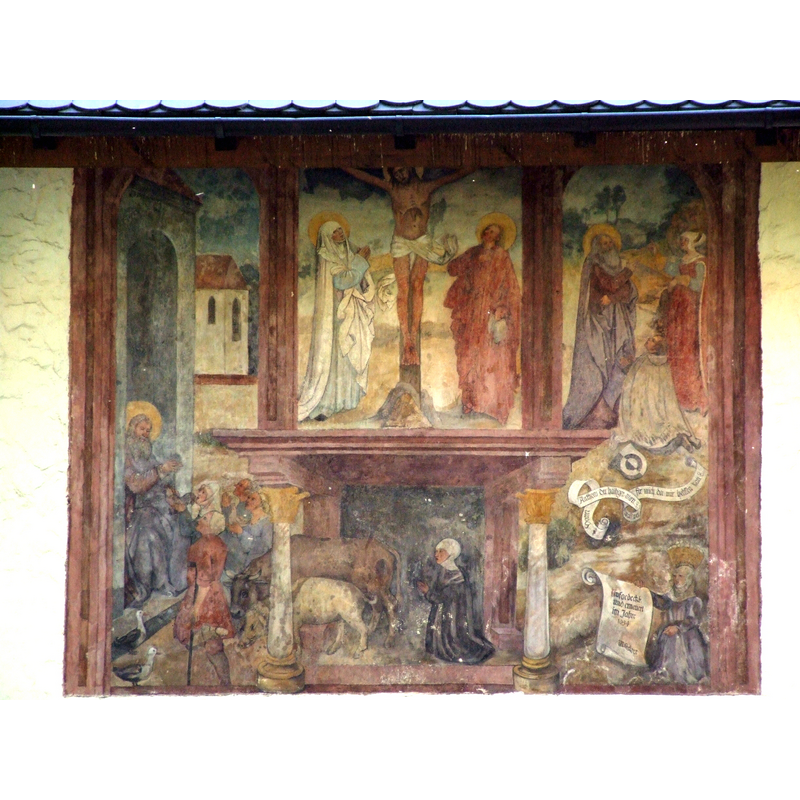 1520 fresco by Bernhard Strigel uncovered in 1954 above the north entranceway: "Aufgedeckt und erneuert im Jahre 1954 W. Gelser"