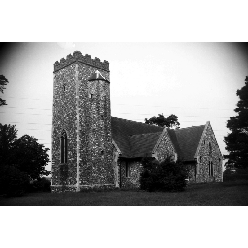 Bixley church before the fire -- Photo caption: "A fire in 2004 gutted this late thirteenth century church, dedicated to the seventh century French monk, who is the patron saint of Flemish weavers"