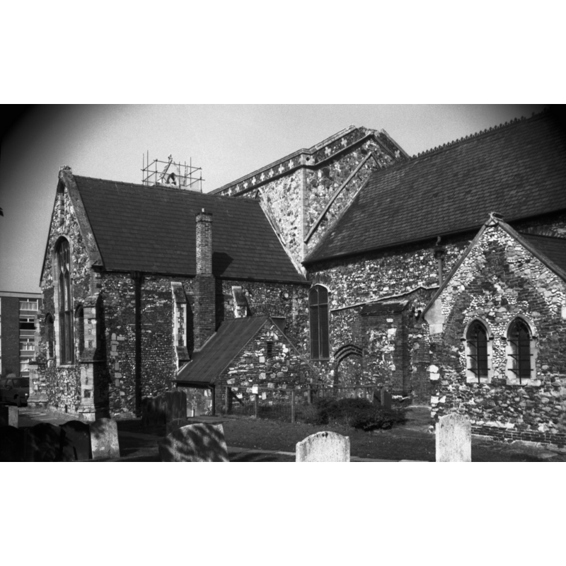 Photo caption: "Chancel and 13c south transept"