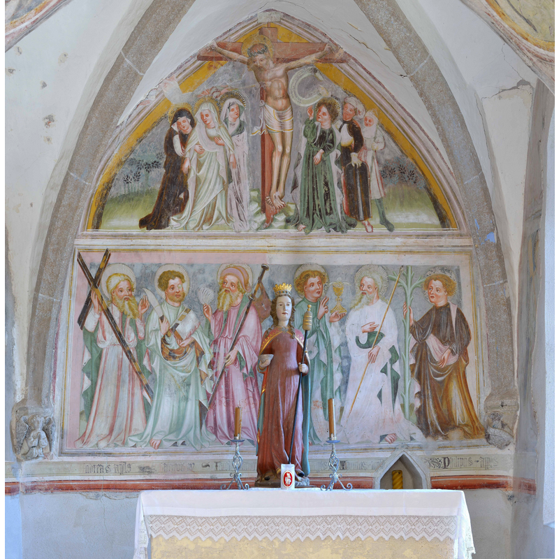 the statue of St. Gertrude is ca. 1400, the fresco mural ca. 1410