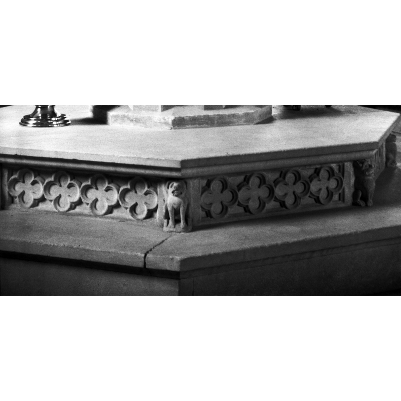 a variety of seated quadrupeds, some appear realistic (dog, etc.); others, fabulous or monsters -- all re-carved [cf. FontNotes]