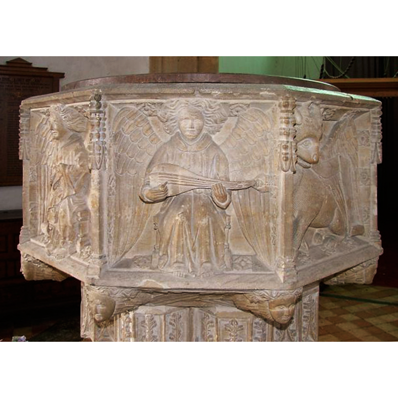 showing one of the four musical angels between Matthew's angel on the left side [southeast], and Luke's ox on the right [northeast] [orientation is approximate]