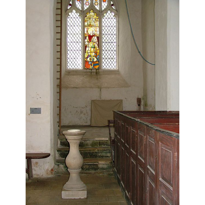 the ca.1800 'bird-bath' font by the tower arch [cf. FontNotes]