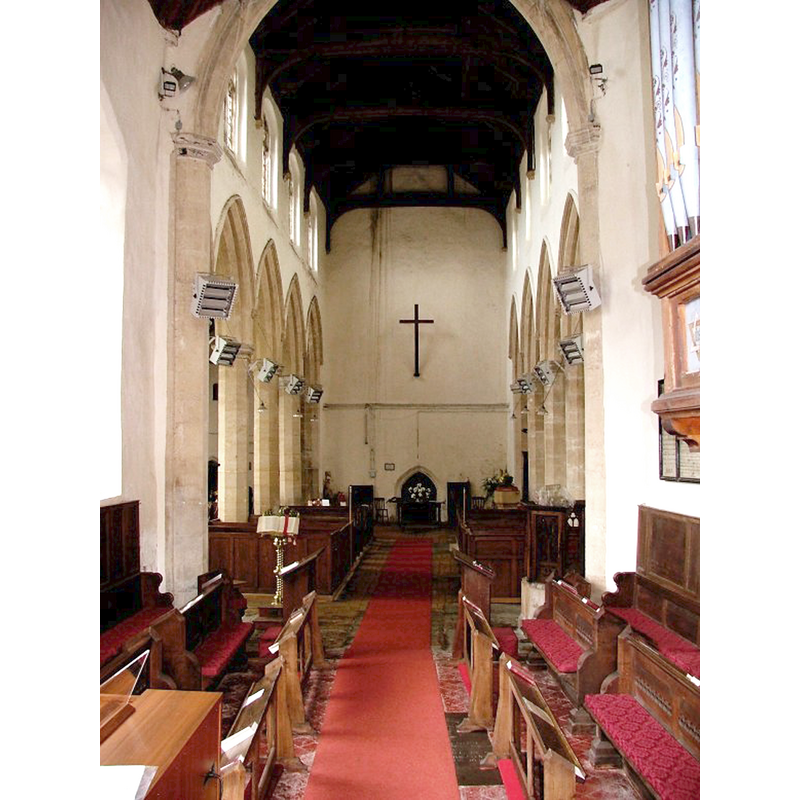 the top of the font is visible at the far [west] end, behing the right [north] bank of benches