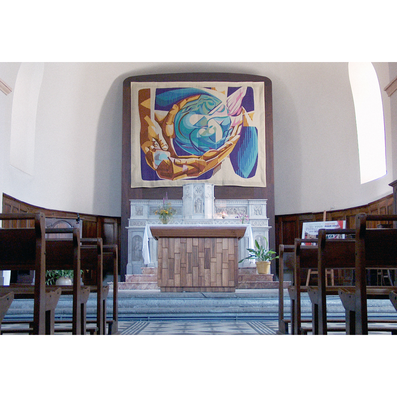 with the 1989 locally made tapestry as retable