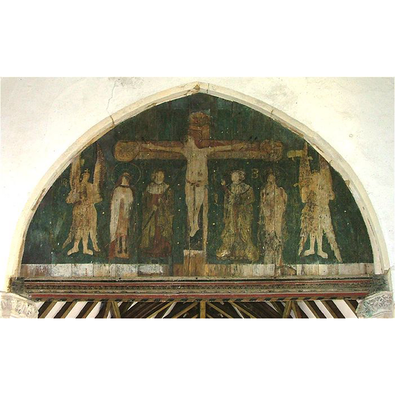 this reredos is painted as a tympanum of the chancel arch; seen from the west