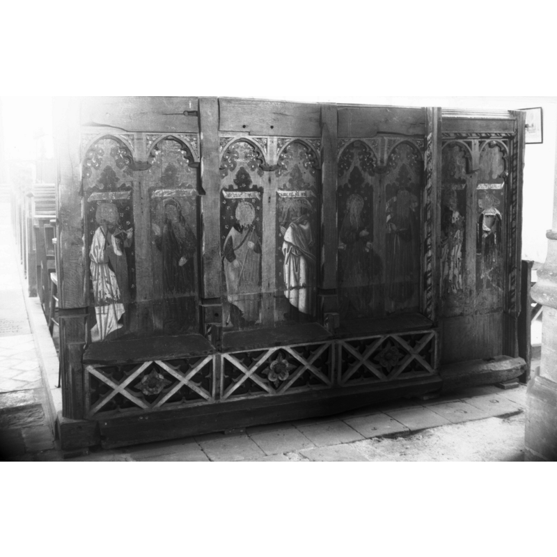 Photo caption: "Panels of screen at west end of church" [NB: the chancel screen was moved to the west end in the 1930s [cf. FontNotes]]