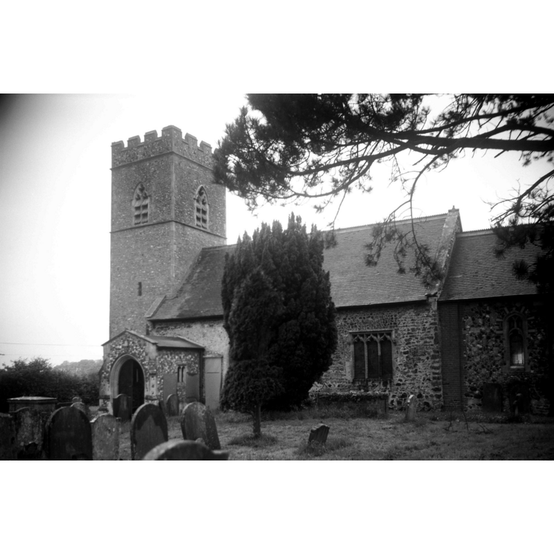 Photo caption: ""The unbuttressed tower rebuilt in 1960-61 evidently with old materials"
