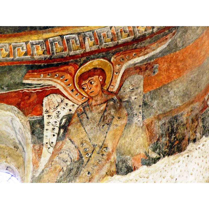 seraphim detail of the 12th-century fresco paintings in the Chapelle Saint-Michel, located in an apse on the east side, above the east entranceway [NB: this church is oriented to the west]