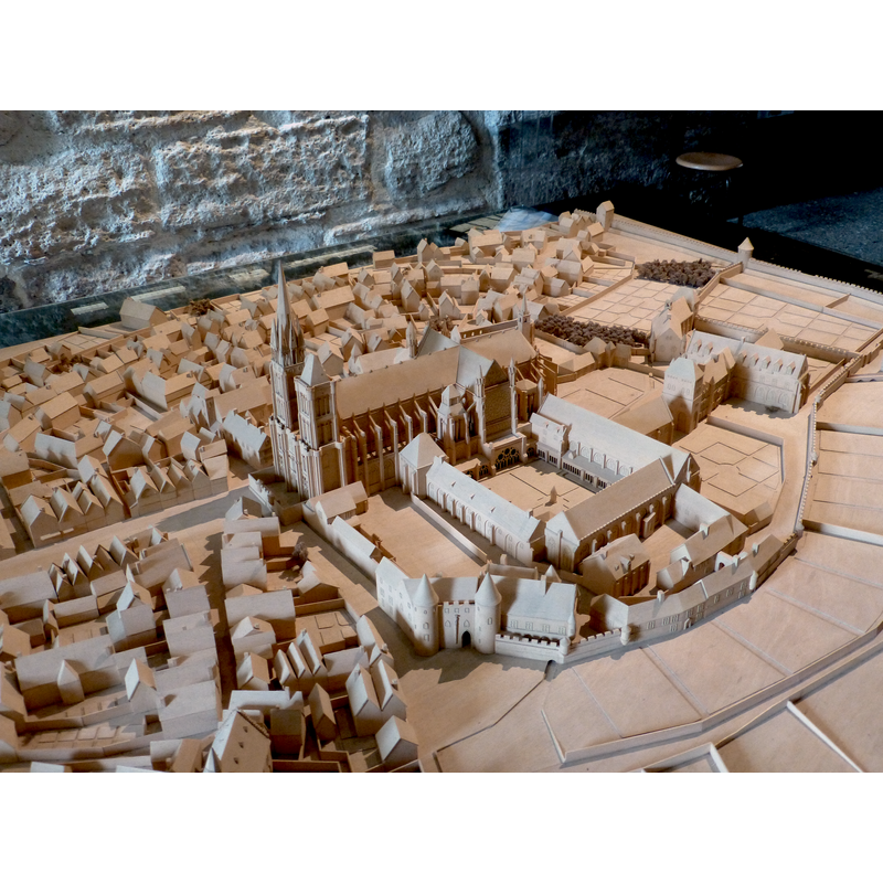 maquette showing the southwest view of the church with its two towers, in the context of the abbey and surrounding buildings of the city of Saint-Denis