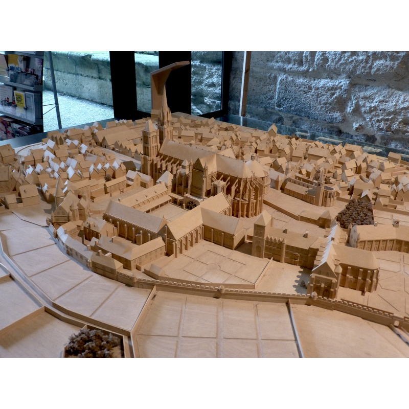 maquette showing the southeast view of the church with its two towers, in the context of the abbey and surrounding buildings of the city of Saint-Denis