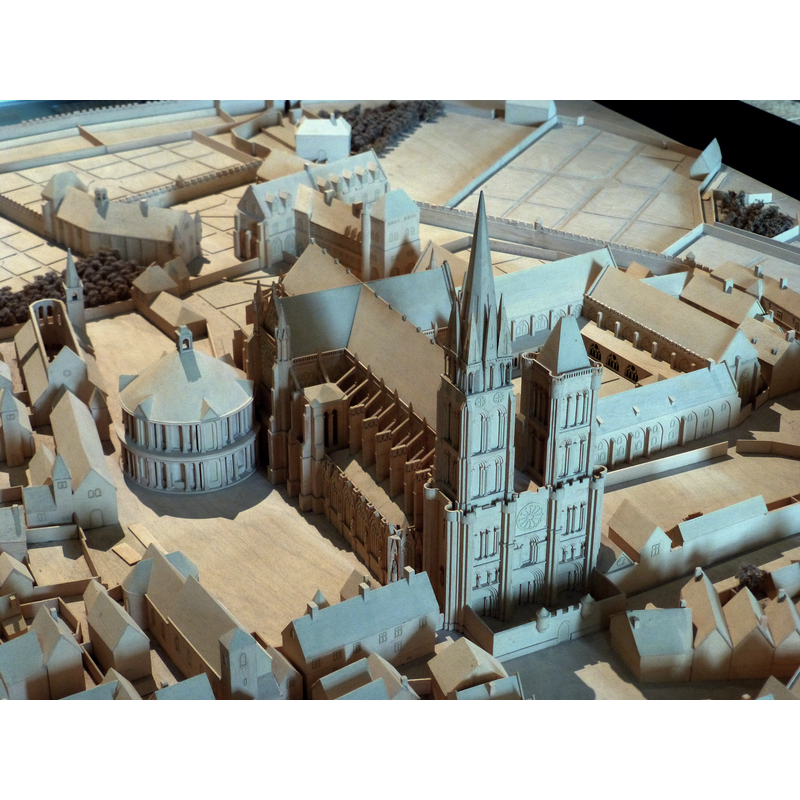 maquette showing the northwest view of the church with its two towers, in the context of the abbey buildings