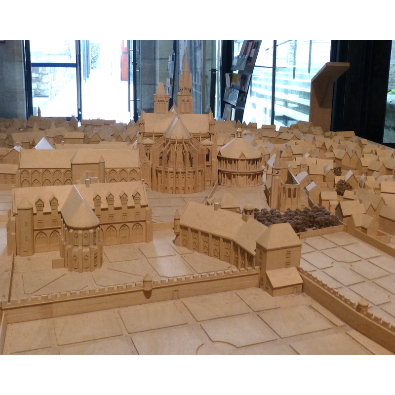 maquette showing the east view of the church with its two towers, in the context of the abbey and surrounding buildings of the city of Saint-Denis